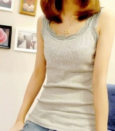 Grey Girlish Sequined Chest Laced Straps Tank Top