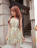 Sweet Blue Fairy Sleeveless Floral Empire Chiffon Dress
