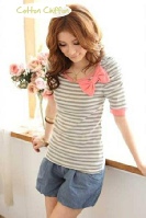 Cotton Grey Stripe T Shirt Top With Pink Ribbon And Sleeves To Elbow