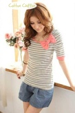 Cotton Grey Stripe T Shirt Top With Pink Ribbon And Sleeves To Elbow